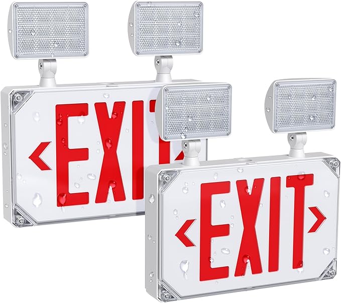 Wet Location Exit Sign with Emergency Lights, Exterior Red LED Exit Light Combo by SASELUX