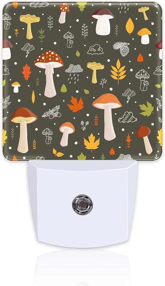 Colorful Forest Mushrooms Night Light Plug into Wall, Botanical Plants Leaves by sndheke