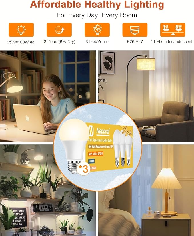 Neporal Full Spectrum Light Bulb 15W LED=100W, 2700K Flicker-Free Warm Light - Image 5