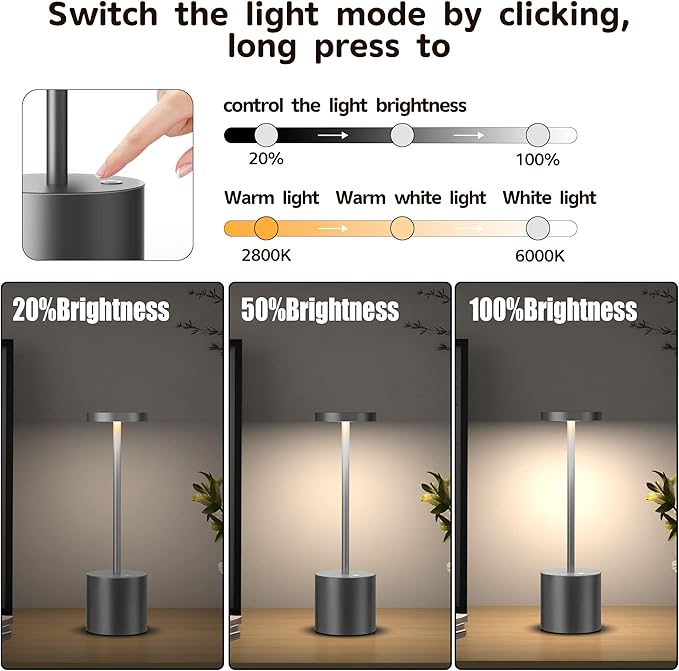 2Pack Cordless Table Lamp, Rechargeable LED Battery 5000mAh Metal USB Portable - Image 2