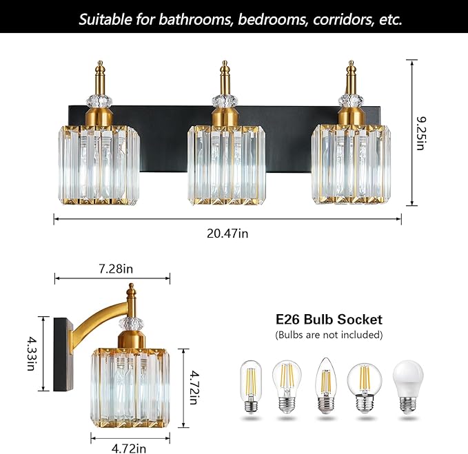 Modern Bathroom Vanity Light 3-Light Black and Gold Crystal Light Fixtures Over - Image 4