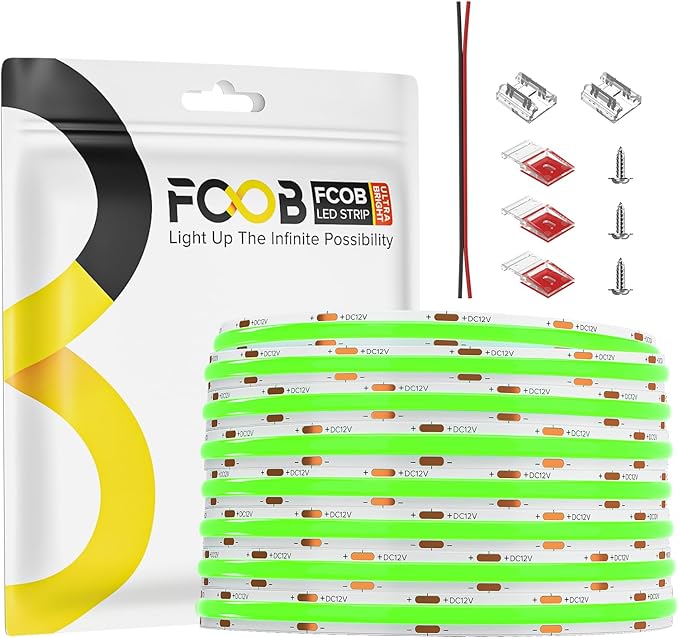 16.4FT COB LED Strip Light Green, 12V 8MM Width Flexible High Density Uniform by FCOB