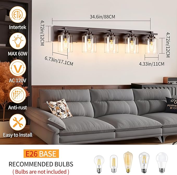 5 Light Modern Bathroom Light Fixtures Over Mirror, Bronze Finish Vanity Lights - Image 5
