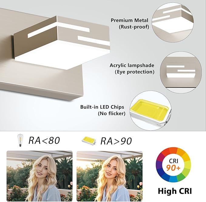 LED Modern Bathroom Vanity Light Fixtures, 3-Light 22-inch Dimmable Brushed - Image 2