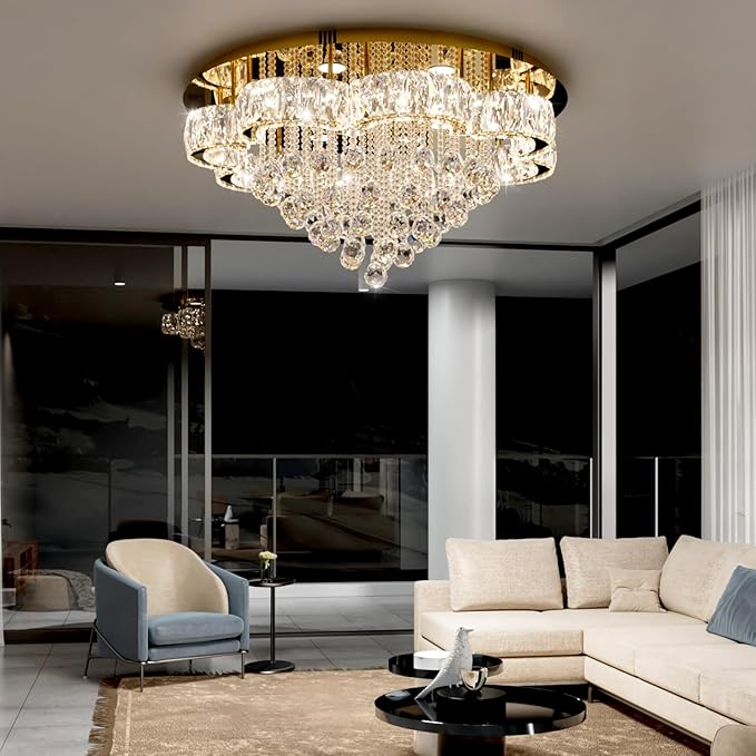 W32in Crystal Ceiling Chandelier Modern Gold Chandeliers Raindrop Crystal by FlashingGod