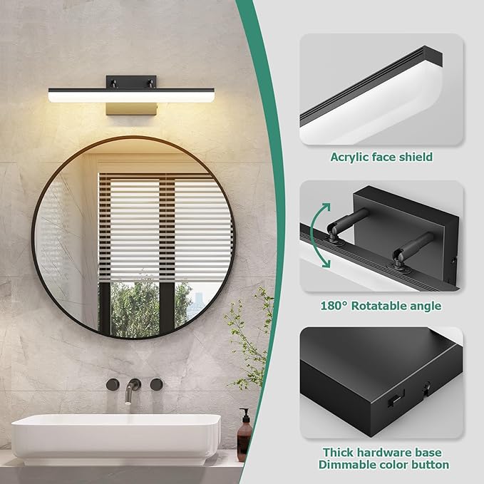 15.7" Black LED Bathroom Vanity Light 5CCT–Dimmable Wall Mount Fixture - Image 8