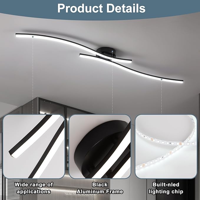 47.24inch Linear Ceiling Light Black Modern LED Ceiling Light Fixture 6000K - Image 5