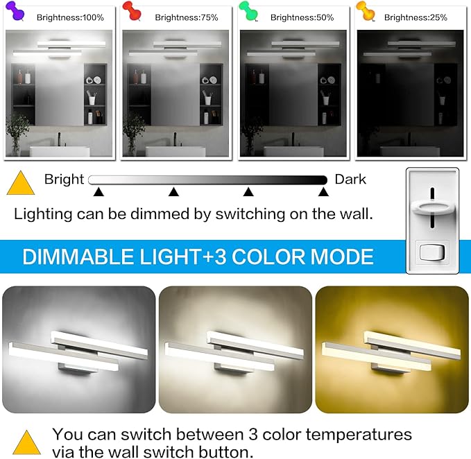 PRESDE 24 Inch LED Vanity Light Brushed Nickel Bathroom Light Fixtures Over - Image 5