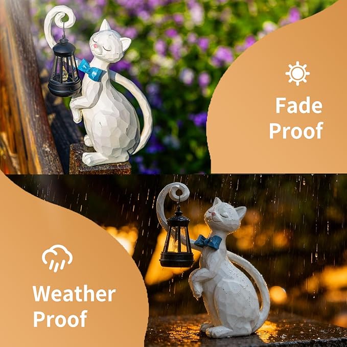WHIMSYNOOK 10.7" White Cat Solar Garden Light Statue – Outdoor Garden & Yard - Image 7