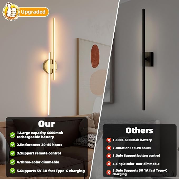 Battery Operated Wall Sconce Set of 2, Wireless Wall Light USB Rechargeable - Image 3