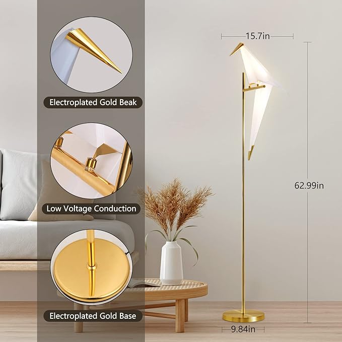 MORE CHANGE 62-Inch Modern Bird Floor Lamp, Origami Bird Lamp Gold Standing Lamp - Image 3