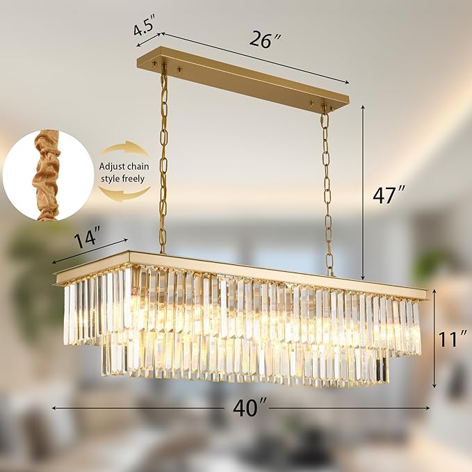 Gold Rectangular Chandelier 40 Inch-10-Light Luxury Crystal Pendant Lighting - Image 2