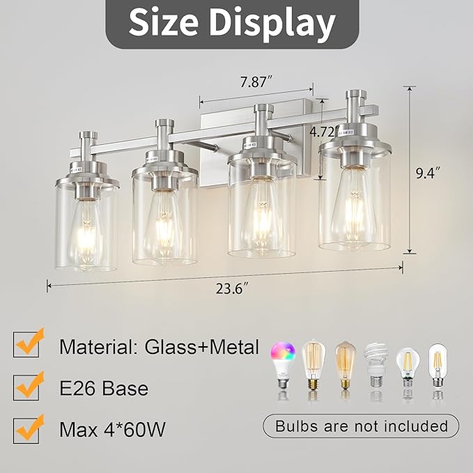 Brushed Nickel Bathroom Lighting Fixtures Over Mirror, 4-Light Bathroom Vanity - Image 4