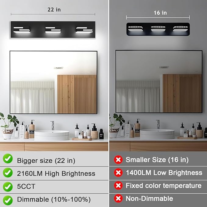 LED Modern Bathroom Vanity Light Fixtures 3-Light 5CCT Dimmable Matte Black - Image 8
