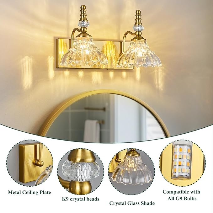 Vintage Bathroom Vanity Light, 2-Light Gold Vanity Lighting Fixture - Image 3
