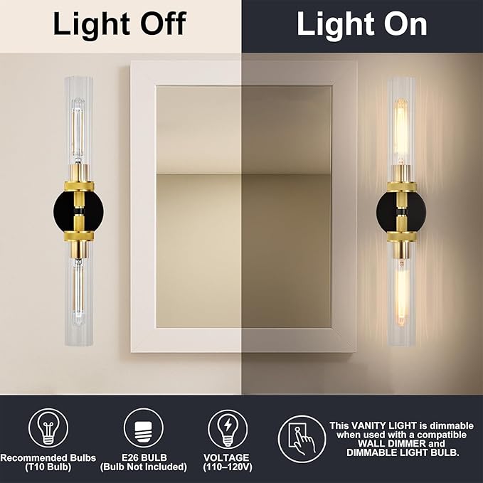 LaLuLa Black and Gold Vanity Light Fixtures 2-Pack – Modern Hardwired - Image 3
