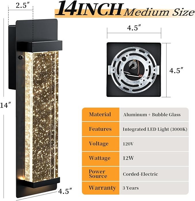 14" Bubble Glass LED Outdoor Wall Sconce Lights Exterior 2-Pack, Waterproof - Image 3