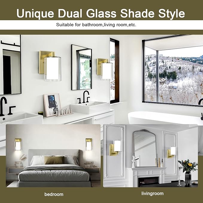 Kalium Bathroom Wall Sconces Set of Two Gold Double Clear Glass Shade Modern - Image 7