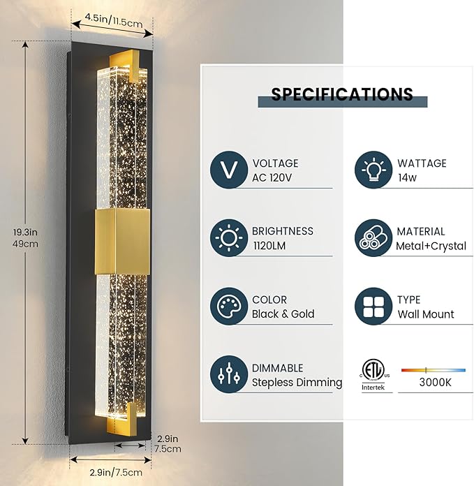 WOSHITU LED Wall Sconce Light: 19 Inch Black & Gold Modern Sconces Wall - Image 2