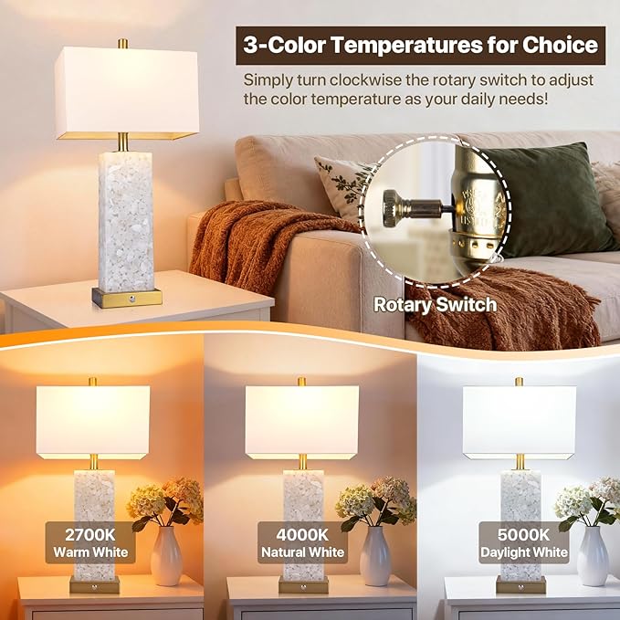 2-Pack 25.6" Alabaster Lamps, Marble Lamp Nightstand Lamps Set of 2, 3-Color - Image 3