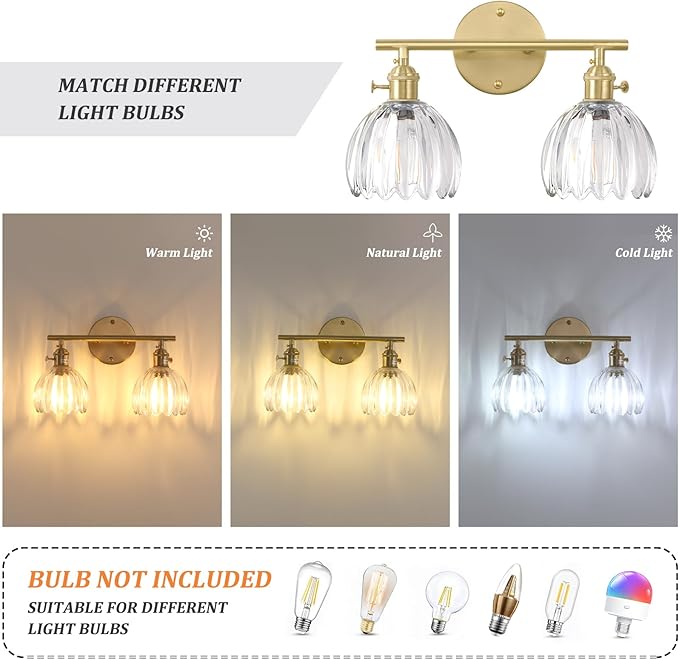 Bathroom Light Fixtures, 2-Light Brass Vanity Wall Light Over Mirror - Image 4