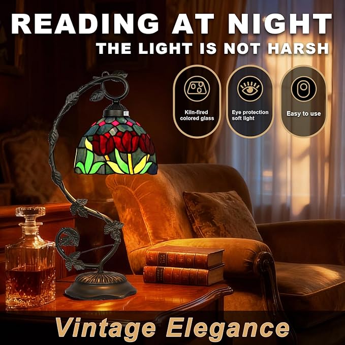 Stained Glass Lamp, Vintage Table Lamp, Living Room, Study（Tulip） - Image 4