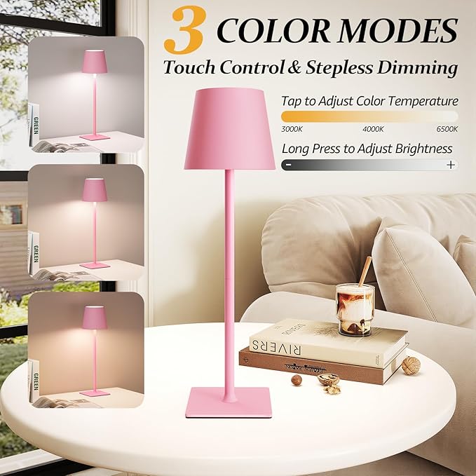 2 Pack Cordless Table Lamps, 3 Colors Stepless Dimming, 5000mAh Rechargeable - Image 2