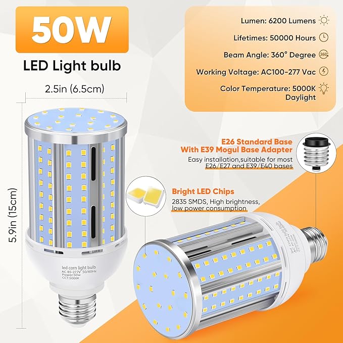 50W LED Corn Light Bulb, Fanless E26/E39 Medium/Large Mogul Base LED Cob Lamp - Image 3