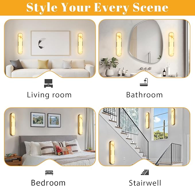 2 Pack Alabaster Wall Sconces 20" Gold Modern Vanity Wall Lights - Image 7