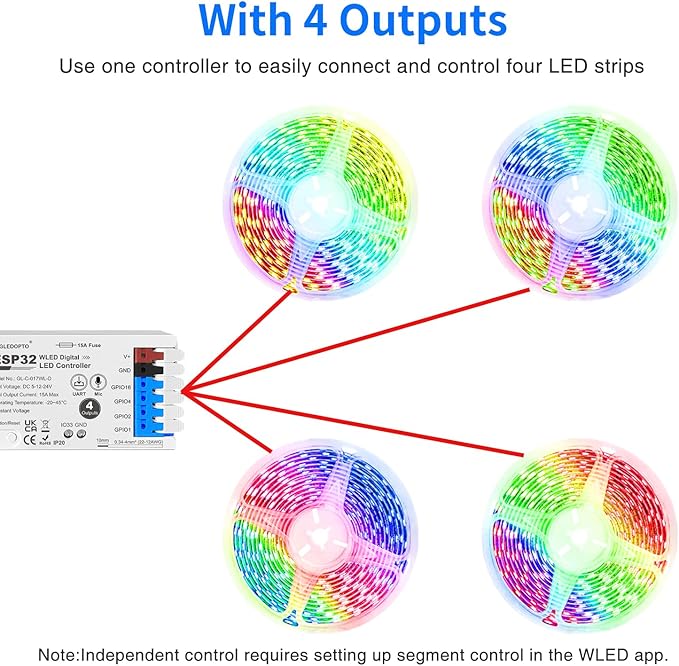 ESP32 WLED RGB IC LED Strip Controller 4 Channel Outputs 15A Fuse Mic Sound - Image 2