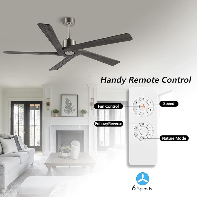 WINGBO 54 Inch DC Ceiling Fan without Lights, 5 Reversible Carved Solid Wood - Image 2