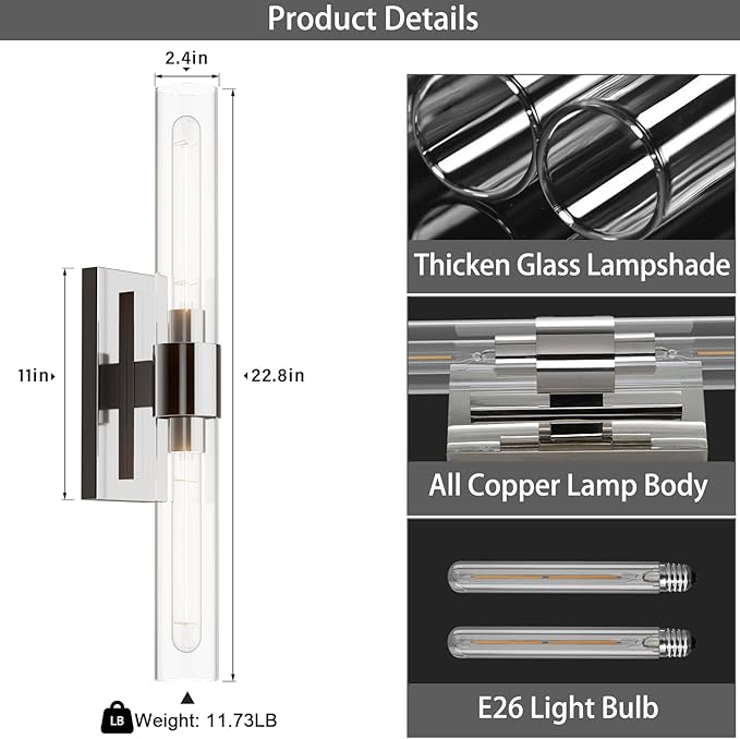Nickel Wall Sconces Set of Two, Brass 22.8" Sconces Wall Lighting, Bathroom - Image 8