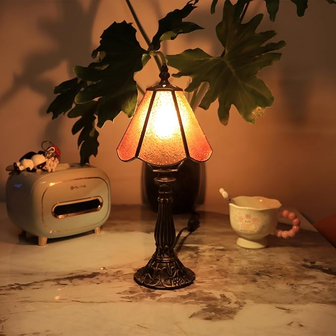 Small Tiffany Table Lamp Orange Diamond Style Stained Glass Desk Lamps 6X6X14 - Image 8