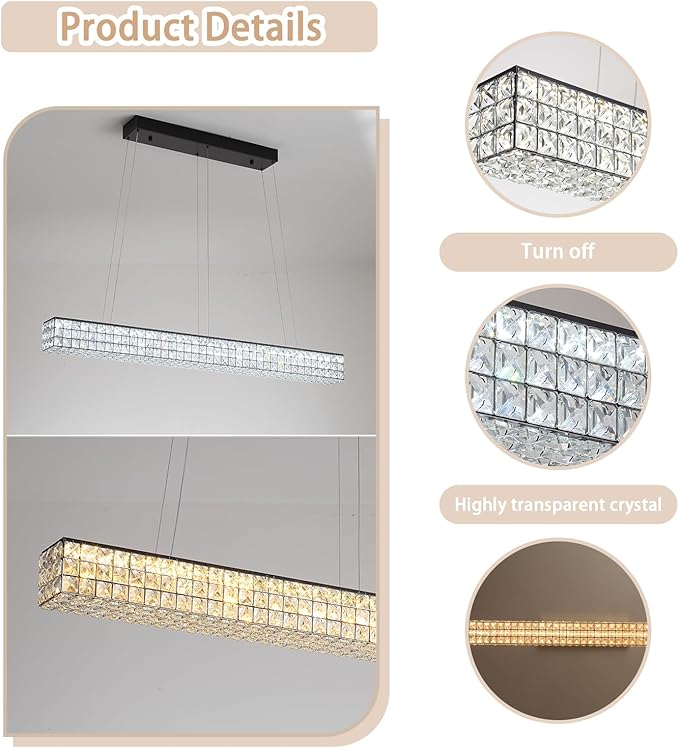 W48 Rectangle Chandeliers for Dining Room, Modern Crystal Pendant Lights - Image 3