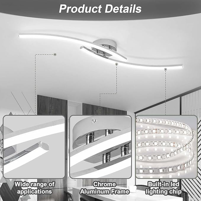 31.4Inch Modern LED Ceiling Light 22W Chrome Linear Ceiling Light Fixture 6000K - Image 7