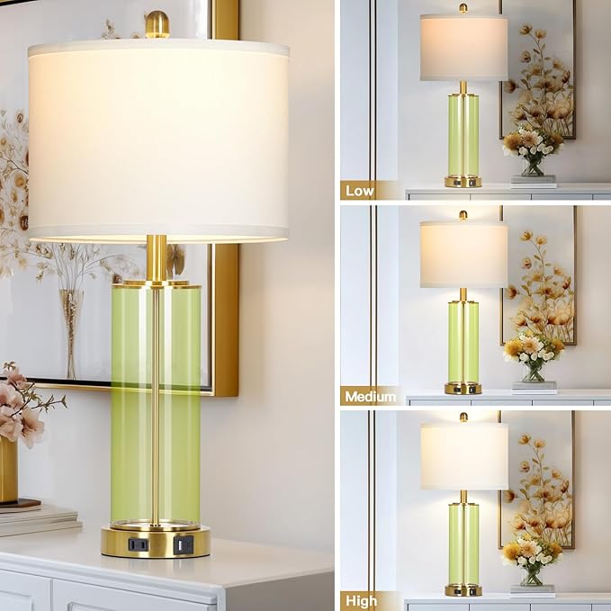 26" Green Glass Table Lamps for Bedside, Modern Living Room Lamps Set of 2 - Image 4