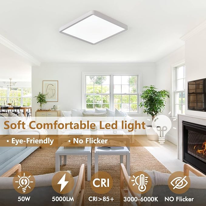 20 Inch Square LED Flush Mount Ceiling Light, 5000LM 3000K/4000K/6000K CCT - Image 3