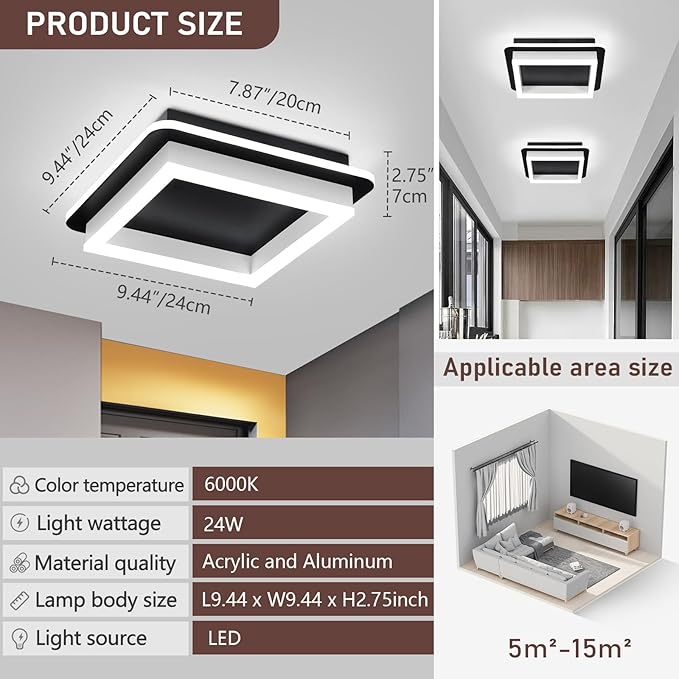 CANEOE 3 Packs Square Flush Mount Ceiling Light, 6000K Black Modern LED Ceiling - Image 7