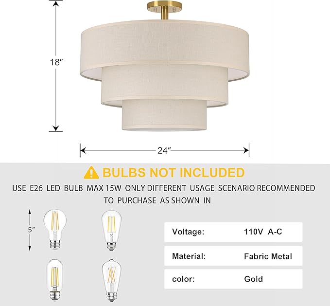 Doraimi Lighting 3 Tier Linen Drum Fabric Semi Flush Mount Light Modern - Image 2