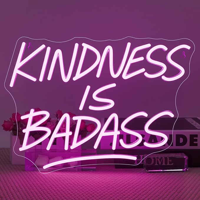 KINDNESS IS BADASS Neon Sign – Pink LED Wall Light, Inspirational Neon Word Sign by Wanxing