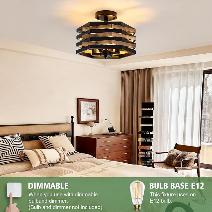Farmhouse Rustic Wood Flush Mount Ceiling Light Fixtures, 4-Light Close to - Image 3