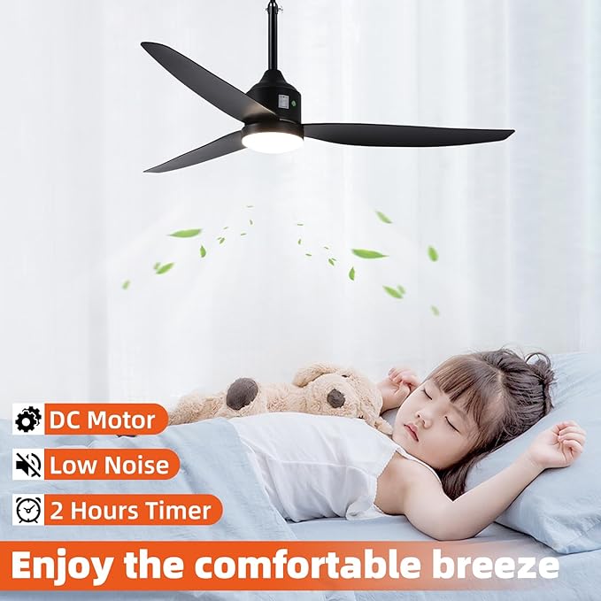 Outdoor Ceiling Fan with Light, 52 Inch Black Waterproof Plug in Ceiling Fan - Image 8