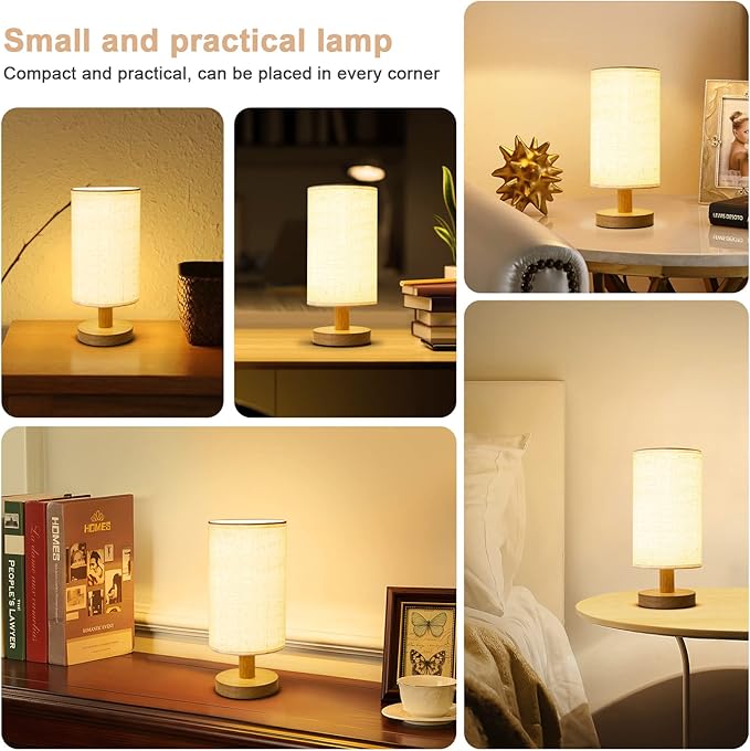 Small Bedside Table Lamp for Bedroom, Minimalist Wood Base & Round Fabric Shade - Image 7