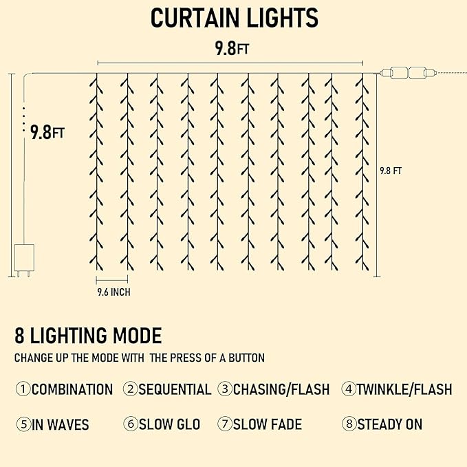 Dazzle Bright 300 LED Curtain String Lights, Christmas Fairy Lights - Image 3
