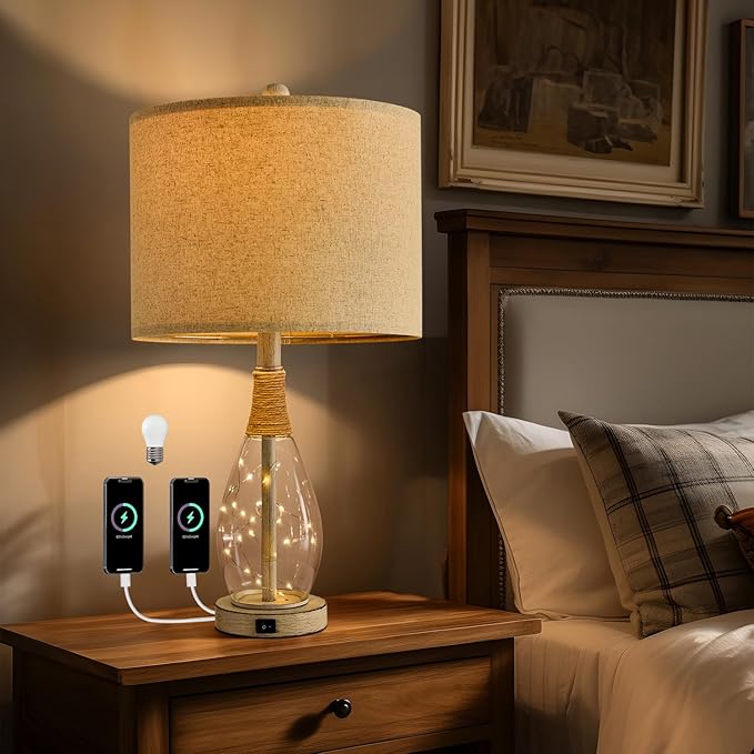 OYEARS 23" USB A+C Table Lamp for Bedroom Living Room Modern Bedside Lamps by OYEARS
