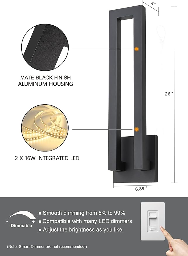 26 inch Outdoor Wall Sconce, Large Porch Led Wall Lights, Modern Black Exterior - Image 2