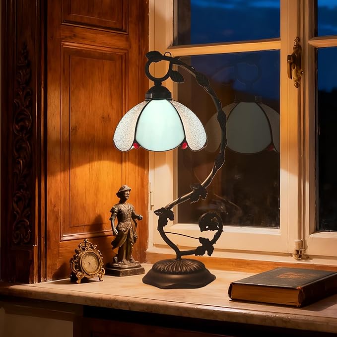 Stained Glass Table Lamp, Vintage Table Lamp, Bronze Metal Leaf Base Lamp - Image 7
