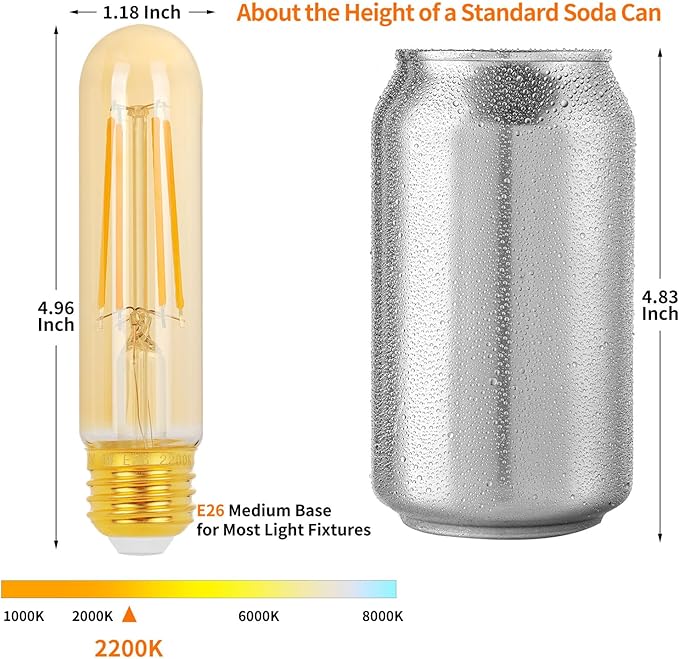 E26 T10 LED Light Bulbs, 5 Inch Vintage Tubular Thin Edison Bulbs, 2200K - Image 2