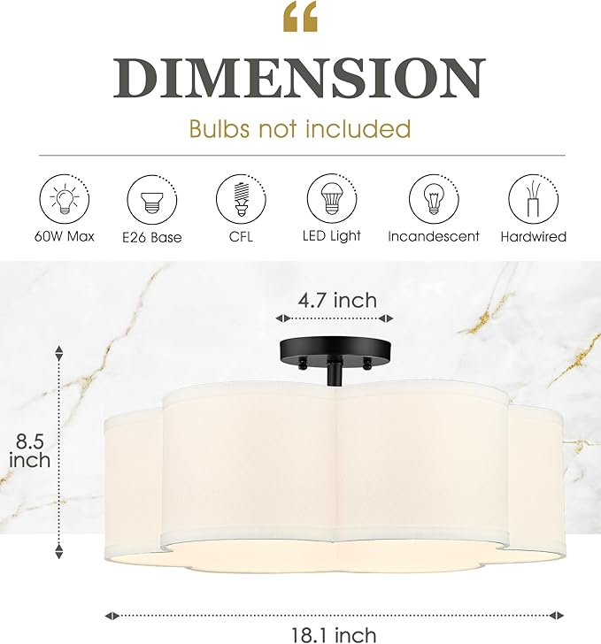 Black Semi Flush Mount Ceiling Lights, 6-Light 18Inch Ceiling Light Fixtures - Image 2