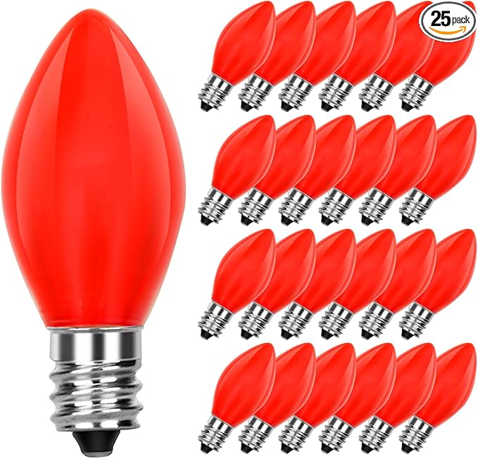 25 Pack C7 Red Replacement Bulbs, Christmas Light Bulbs Vintage Ceramic Opaque by Doratale